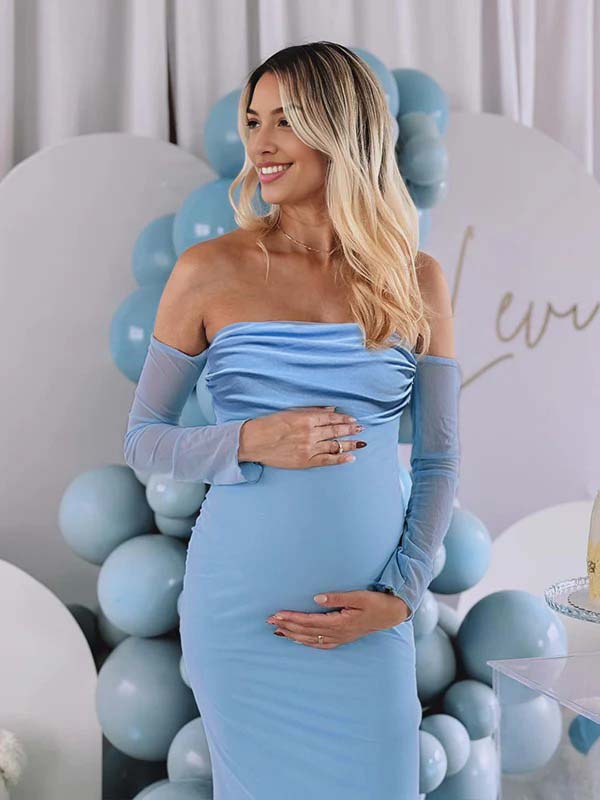 Mumsmode Zwangerchaps Maxi jurk Off Shoulder Gekreukt Boot Nek Cocktail  Babyshower Blauw