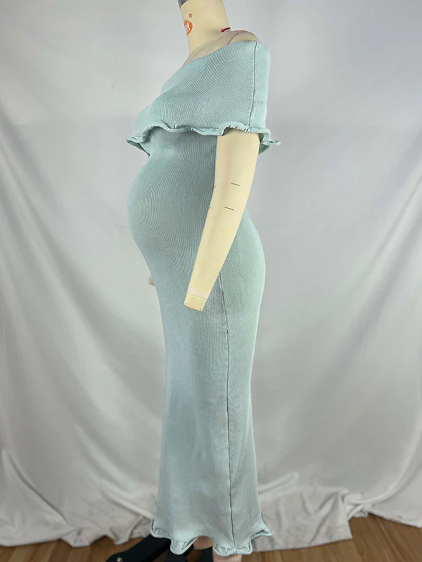 Mumsmode Zwangerschaps Bodycon Jurken Elegant Ceremonie Off Shoulder Ruches Zeemeermin Midi Babyshower Jurken