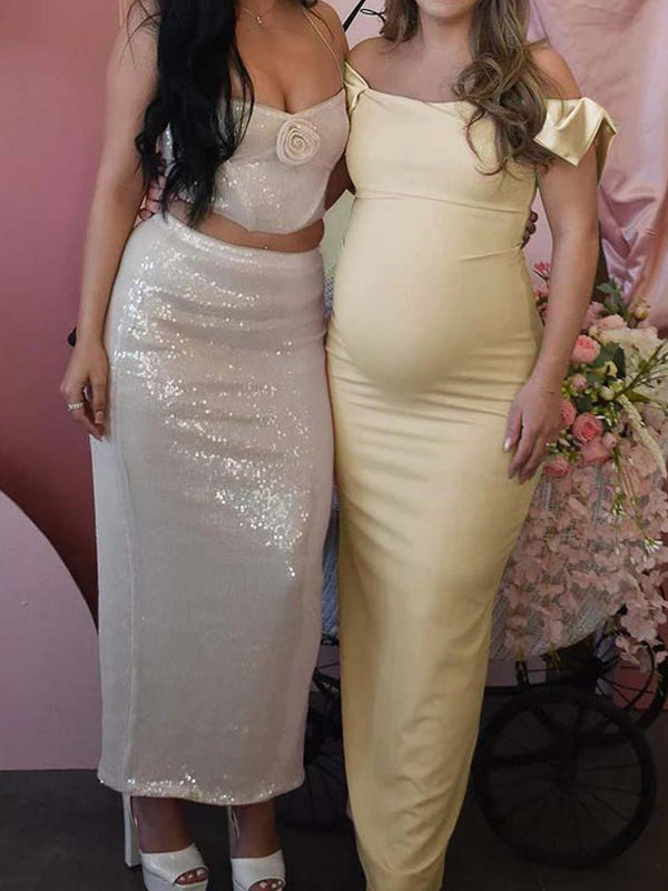 Mumsmode Zwangerchaps Maxijurk Off Shoulder Elegant Babyshower Champagne