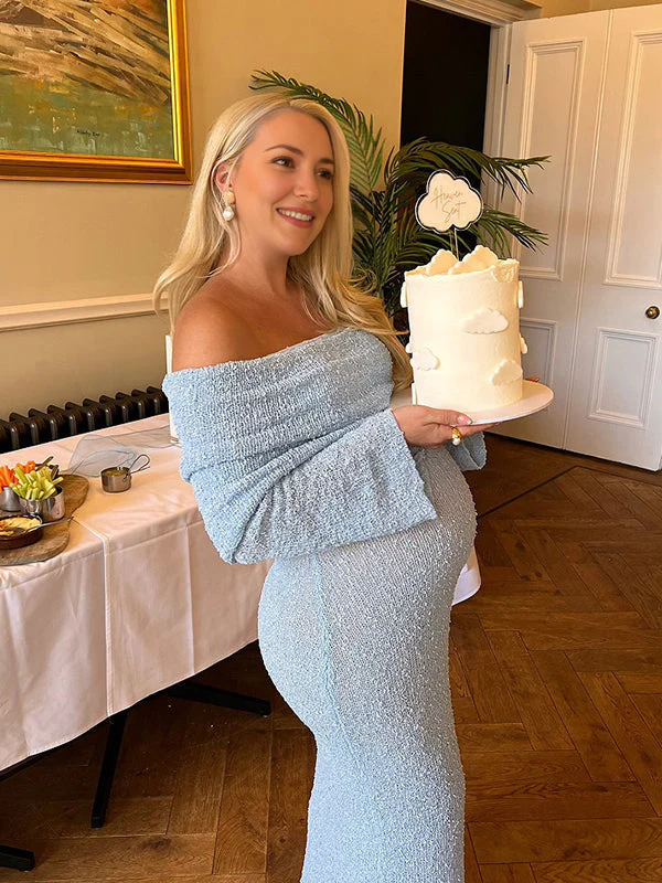 Mumsmode Zwangerschaps Fotoshoot Jurken Elegant Boheems Knit Off Shoulder Harig Maxi Jurken