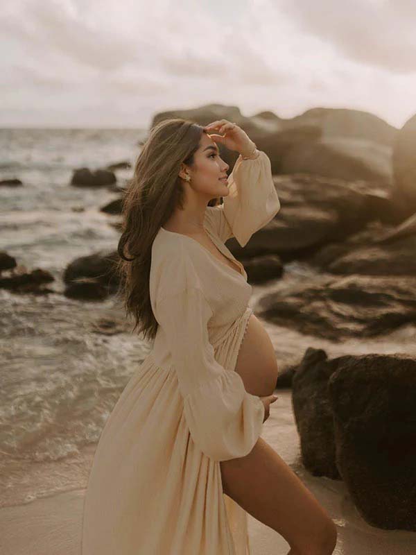 Mumsmode Zwangerschaps Fotoshoot Jurken Boheems Elegant Enkele Borst Zijsplit Gekreukt Maxi Jurken