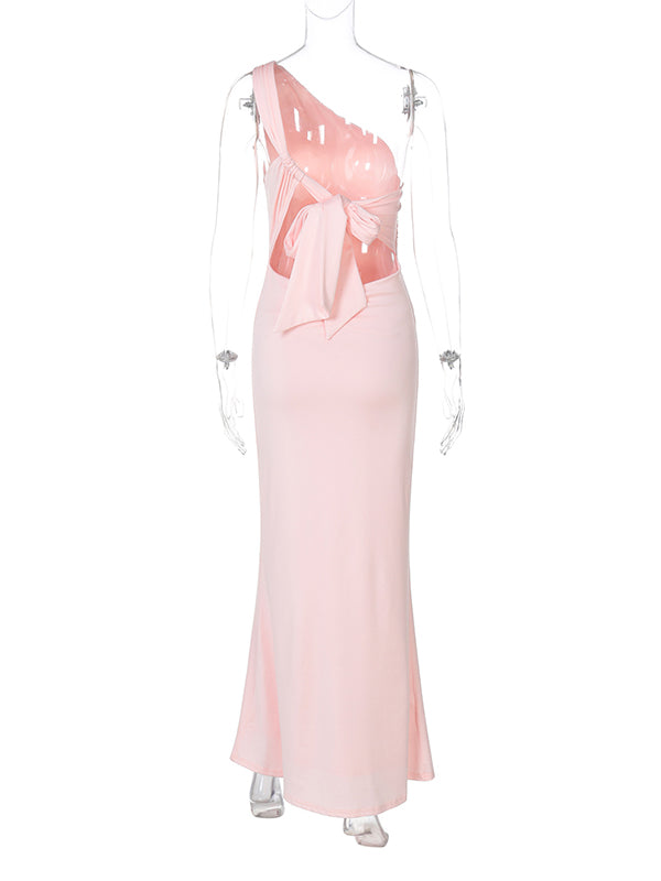 Mumsmode Zwangerchaps Maxi BabyShower Jurken Elegant Rugloos Gebonden rug Zeemeermin Halternek Roze