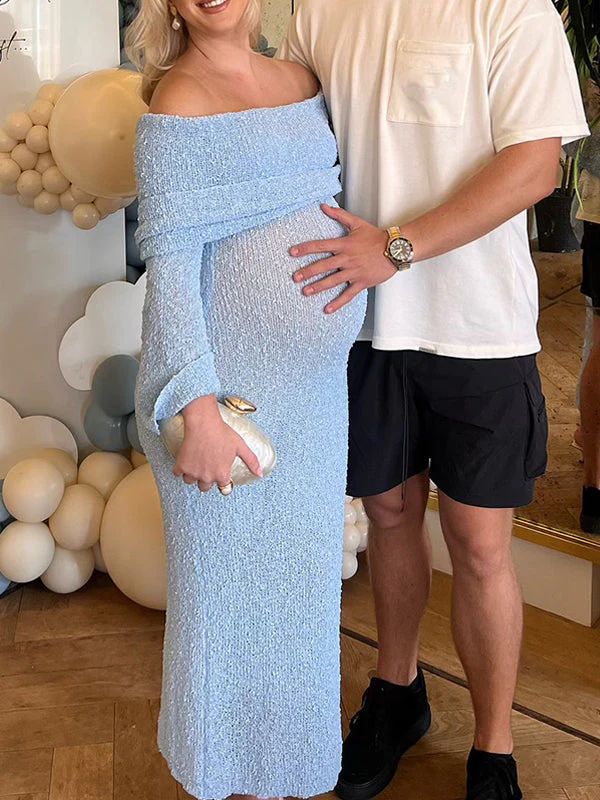 Mumsmode Zwangerschaps Fotoshoot Jurken Elegant Boheems Knit Off Shoulder Harig Maxi Jurken