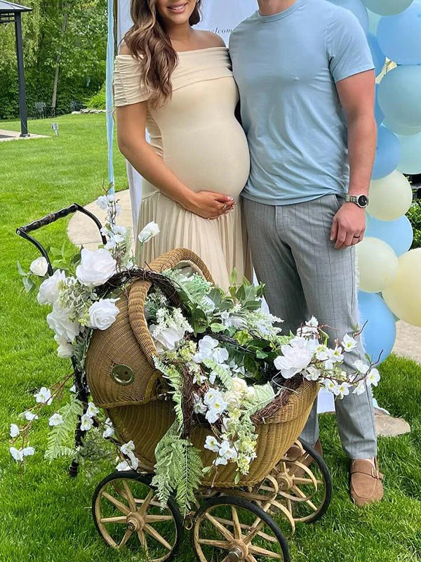 Mumsmode Zwangerchaps Maxi Babyshowerjurk Gender Reveal Off Shoulder Plooi Stijlvolle Abrikoos