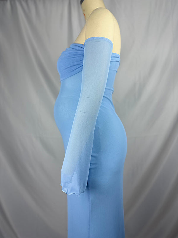 Mumsmode Zwangerchaps Maxi jurk Off Shoulder Gekreukt Boot Nek Cocktail  Babyshower Blauw