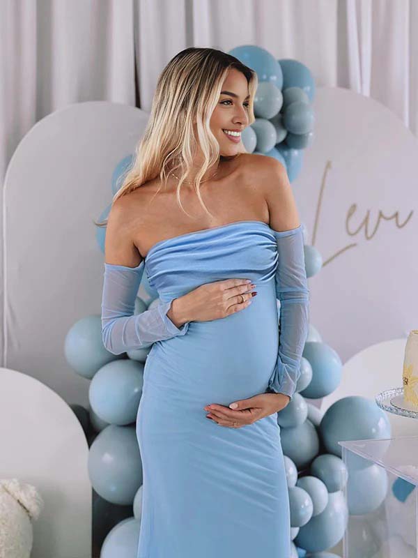 Mumsmode Zwangerchaps Maxi jurk Off Shoulder Gekreukt Boot Nek Cocktail  Babyshower Blauw