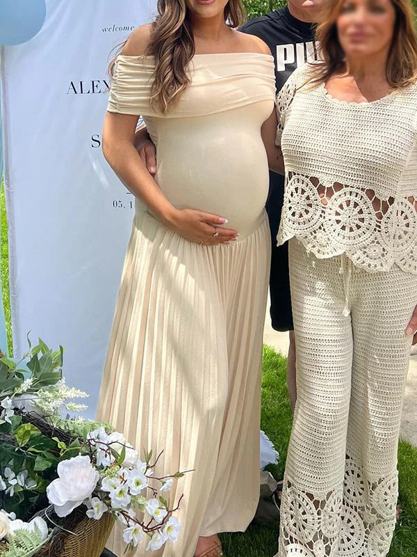 Mumsmode Zwangerchaps Maxi Babyshowerjurk Gender Reveal Off Shoulder Plooi Stijlvolle Abrikoos