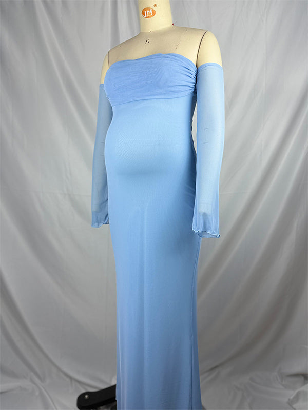 Mumsmode Zwangerchaps Maxi jurk Off Shoulder Gekreukt Boot Nek Cocktail  Babyshower Blauw