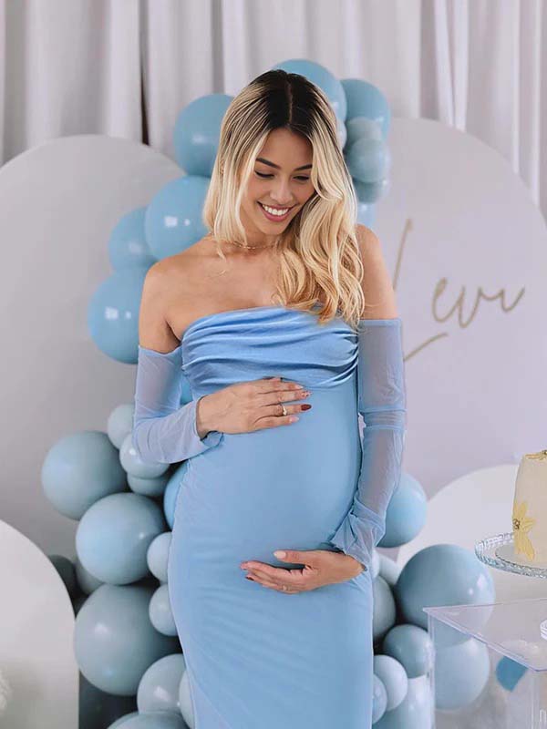 Mumsmode Zwangerchaps Maxi jurk Off Shoulder Gekreukt Boot Nek Cocktail  Babyshower Blauw