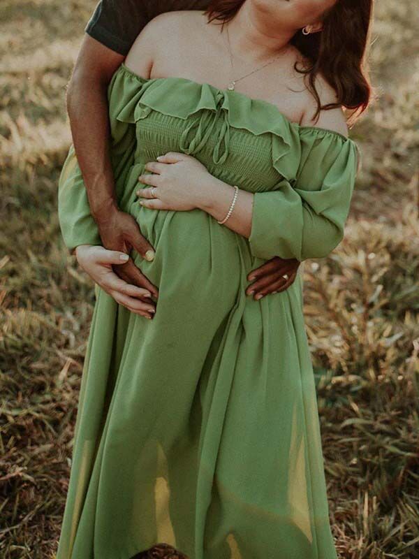 Mumsmode Zwangerschaps Fotoshoot Jurken Elegant Ruches Koord Gedrapeerd Trapeze Off Shoulder Maxi Jurken