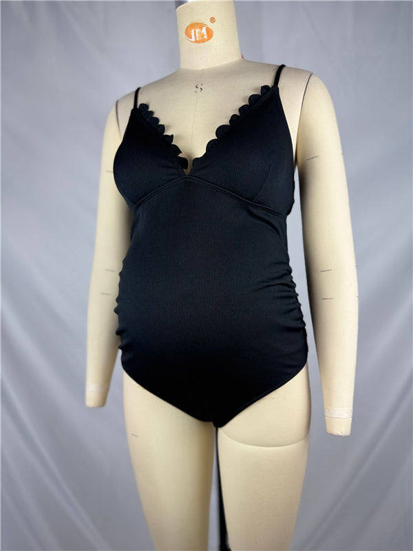 Mumsmode Zwangerschaps Zwemkleding Vrije Tijd Strand Golvende Rand Bodycon Spaghetti Rugloos