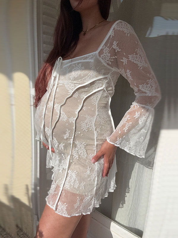 Mumsmode Zwangerchaps Korte Fotoshoot Jurk Elegant Kanten Ruches Rugloos Flare Mouw Wit