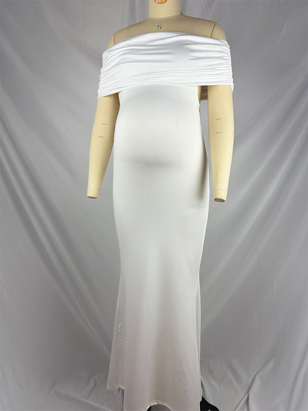 Mumsmode Zwangerchaps Maxi Jurk Off Shoulder Rugloos Gekreukt Boot Nek Cocktail Feest Elegant Babyshower Wit