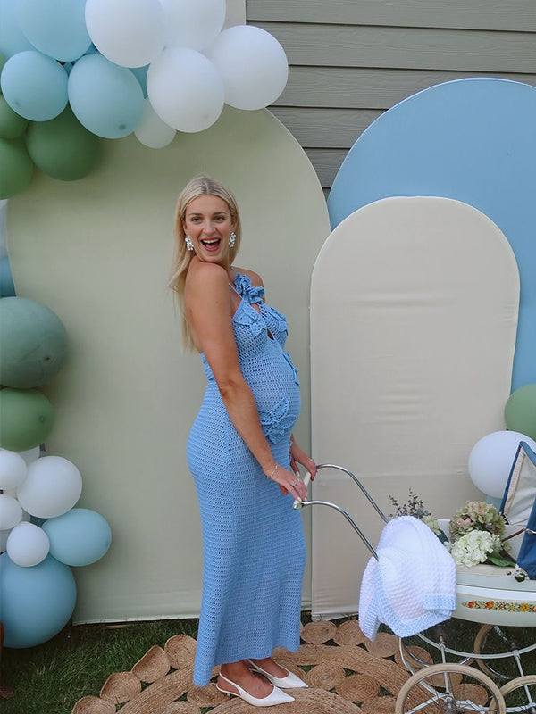 Mumsmode Zwangerchaps Bodycon Jurken Elegante BabyShower Gebreide Bloemen Uithollen Maxi Jurken