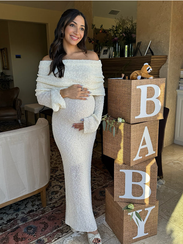 Saslax Kant off shoulder dubbel split A-lijn rok zwangerschapsjurk zachte stroeve zwangerschap prop maxi jurk voor fotoshoot, Champagne, M Saslax Kant off shoulder dubbel split A-lijn rok zwangerschapsjurk zachte stroeve zwangerschap prop maxi jurk voor fotoshoot, Champagne, M