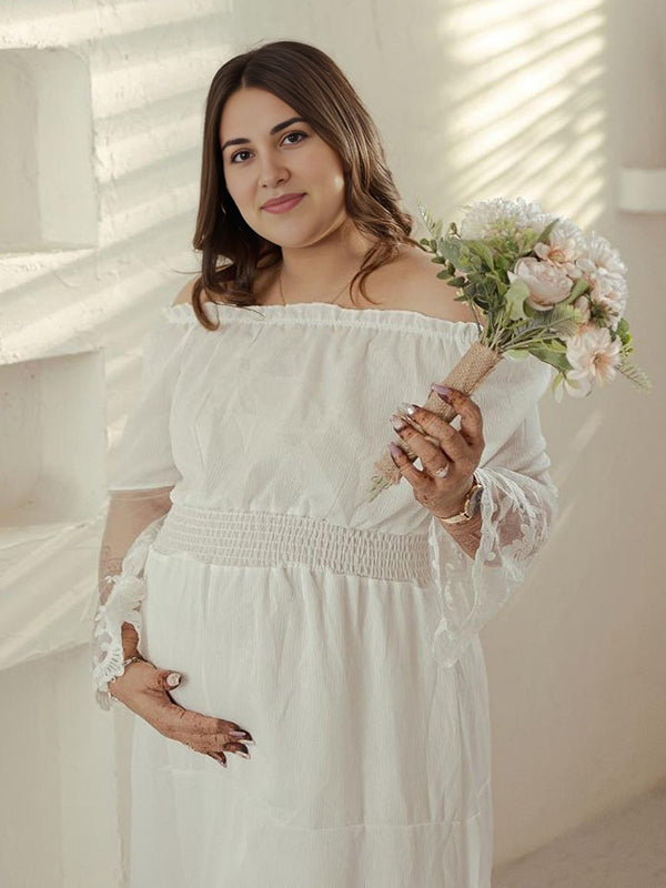 Mumsmode Zwangerchaps Maxi Fotoshoot Jurken Kanten Boot Nek Wit