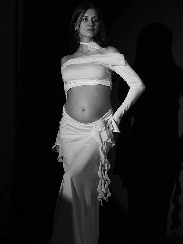 Mumsmode Zwangerchaps Maxi Fotoshoot Jurk Appliques Rugloos 2-in-1 Boot Nek Wit