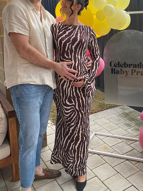 Mumsmode Zwangerschaps Bodycon Jurken Elegant Ceremonie Gestreept Zebraprint Flare Mouw Maxi Jurken