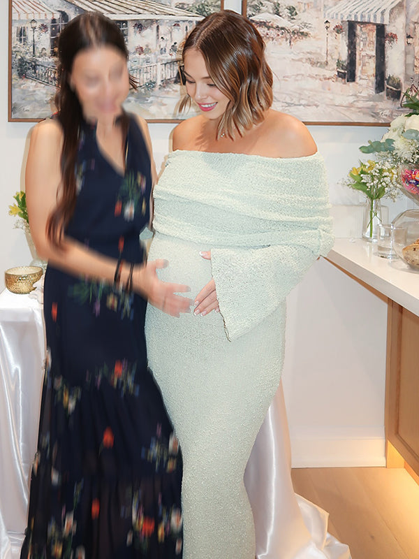 Mumsmode Zwangerchaps Maxi Fotoshoot Jurken Breien Boot Nek Flare Mouw Lichtgroen