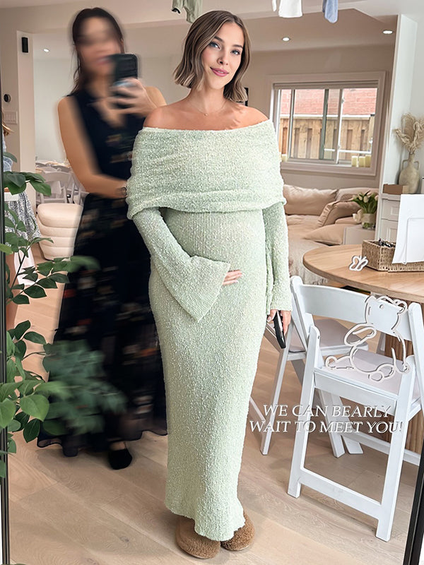 Mumsmode Zwangerchaps Maxi Fotoshoot Jurken Breien Boot Nek Flare Mouw Lichtgroen