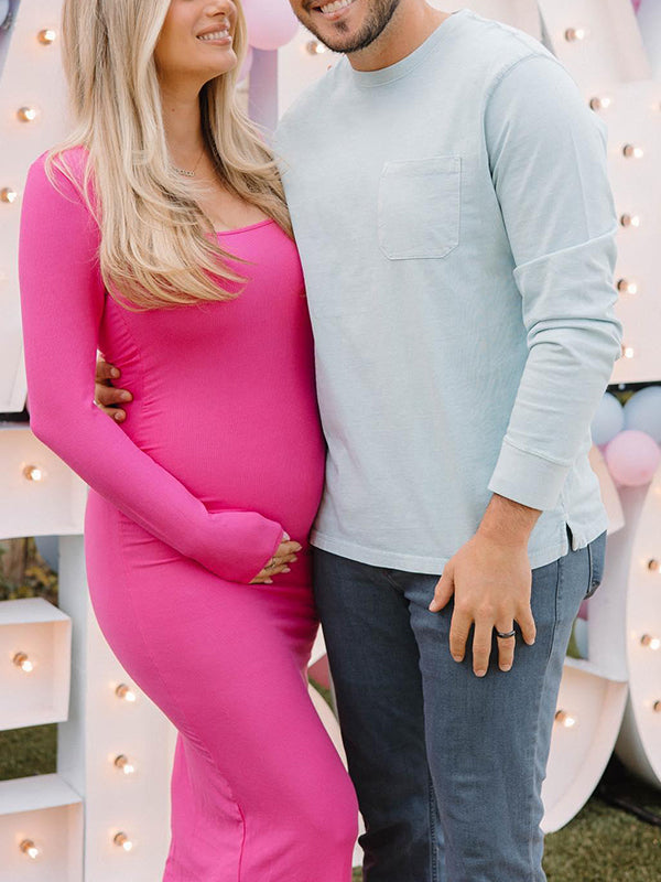 Mumsmode Zwangerchaps Maxi BabyShower Jurken Elegant Vierkante Hals Roze