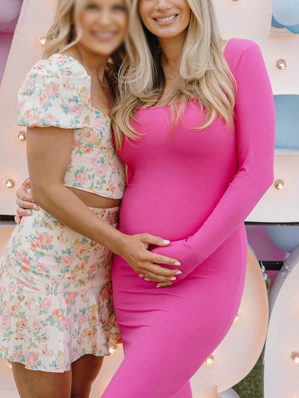 Mumsmode Zwangerchaps Maxi BabyShower Jurken Elegant Vierkante Hals Roze