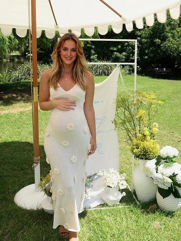 Maxi Zwangerschaps Baby Shower Jurk Rugloos Appliques - Wit