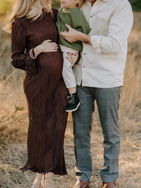 Mumsmode Zwangerchaps Midi Fotoshoot Jurken Elegant Riem Gekreukt Flare Mouw Ronde Hals Bruin