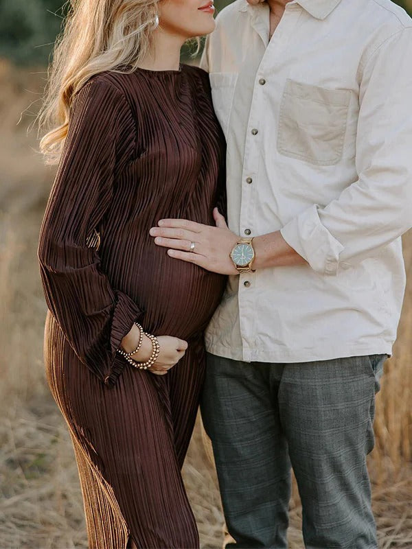 Mumsmode Zwangerchaps Midi Fotoshoot Jurken Elegant Riem Gekreukt Flare Mouw Ronde Hals Bruin