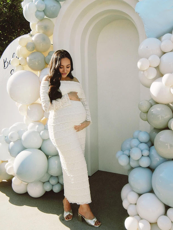 Mumsmode Zwangerchaps Maxi BabyShower Jurken Elegant Kanten Boot Nek Lange Mouw Abrikoos
