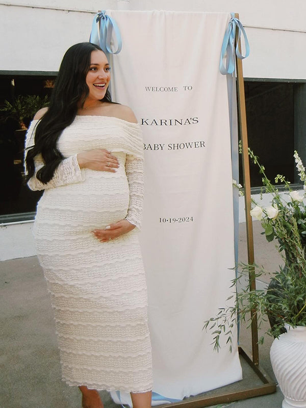 Mumsmode Zwangerchaps Maxi BabyShower Jurken Elegant Kanten Boot Nek Lange Mouw Abrikoos
