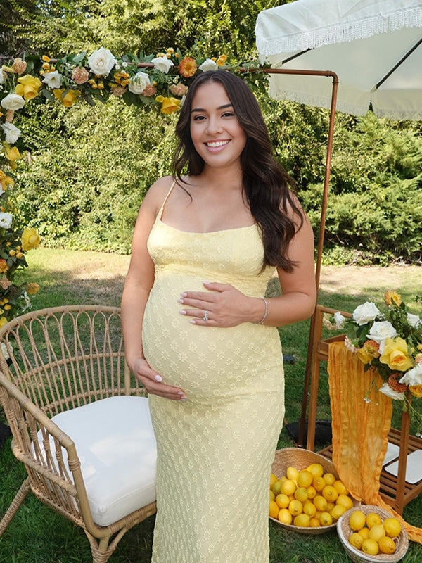 Maxi Baby Shower Zwangerschapsjurk Bodycon Spaghetti Geel