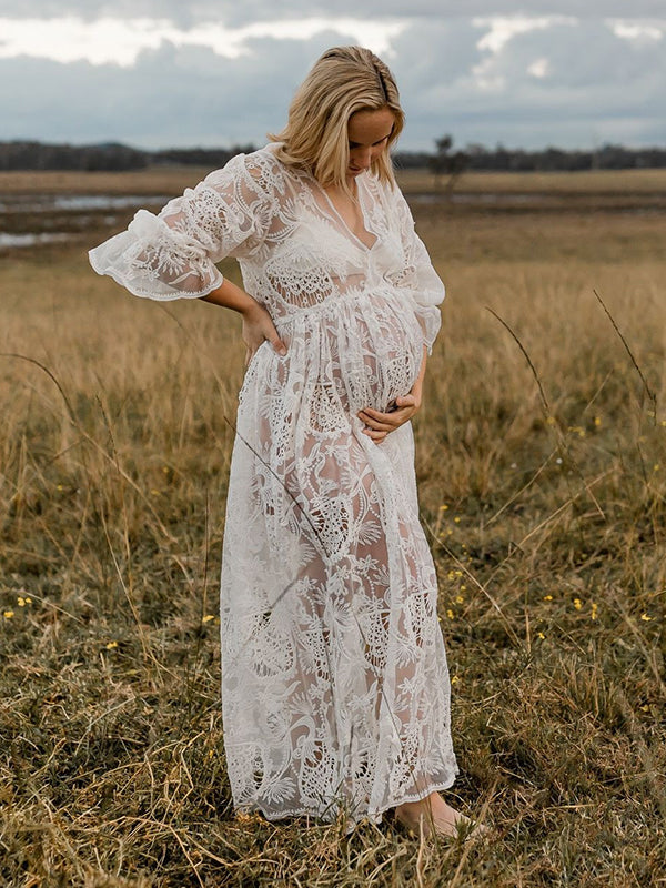 Mumsmode Zwangerschaps Fotoshoot Jurken Boheems Kanten Transparant Ruches Gedrapeerd Maxi Jurken