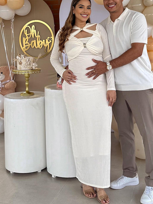 Mumsmode Zwangerchaps Maxi BabyShower Jurk Elegant Gekreukt V-hals Wit
