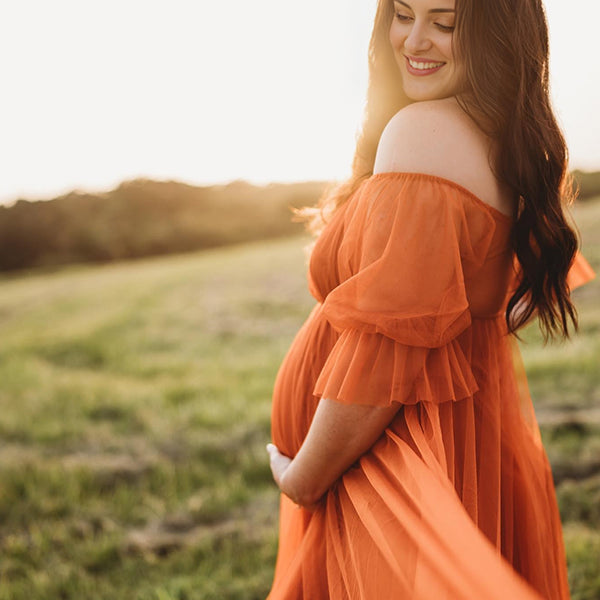Mumsmode Zwangerschaps Tule Jurken Elegant Boheems Off Shoulder Trapeze Gedrapeerd Maxi Fotoshoot Jurken