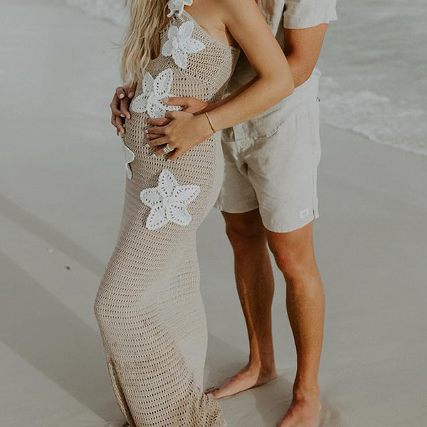 Mumsmode Zwangerschaps Bodycon Jurken Boheems Gebreide 3D Bloemen Uithollen Rugloos Maxi Fotoshoot Jurken