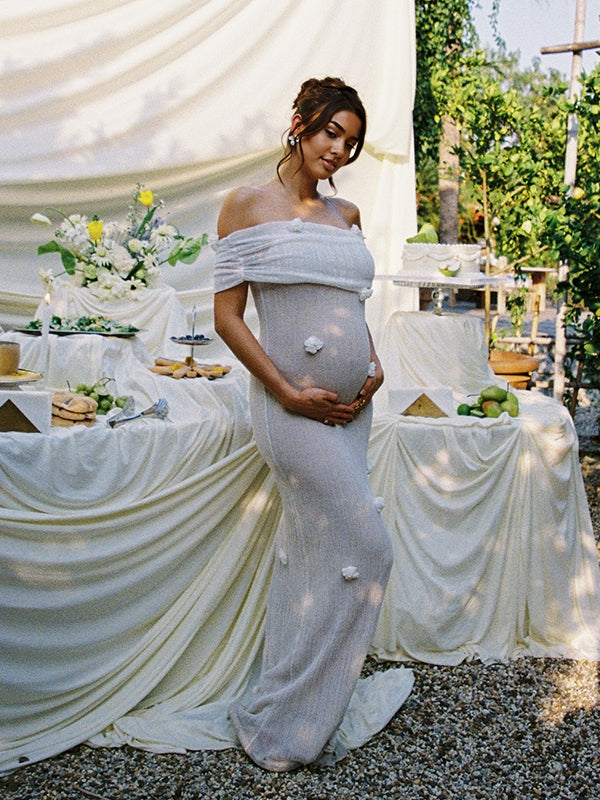 Maxi Zwangerschaps Babyshower Jurk 3D Bloemen - Wit