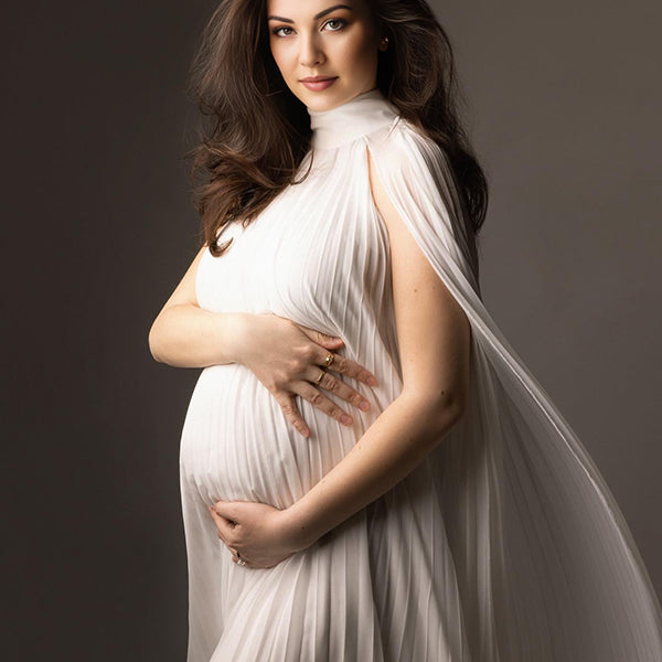 Mumsmode Zwangerchaps Maxi Fotoshoot Jurk Elegant Geplooid Wit