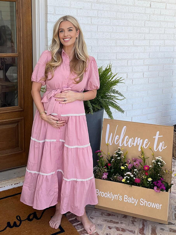 Mumsmode Zwangerchaps Maxi BabyShower Jurk Schattig Enkele Borst Riem Pofmouw Roze