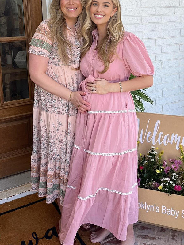 Mumsmode Zwangerchaps Maxi BabyShower Jurk Schattig Enkele Borst Riem Pofmouw Roze