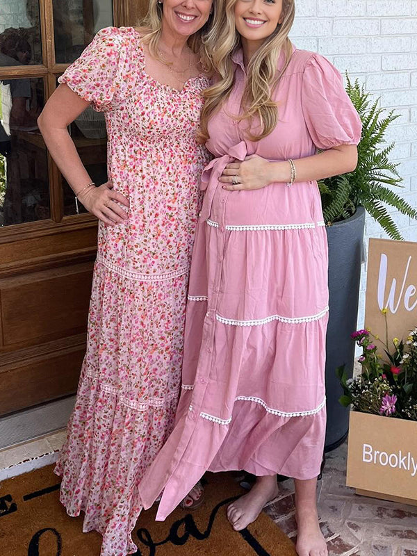 Mumsmode Zwangerchaps Maxi BabyShower Jurk Schattig Enkele Borst Riem Pofmouw Roze