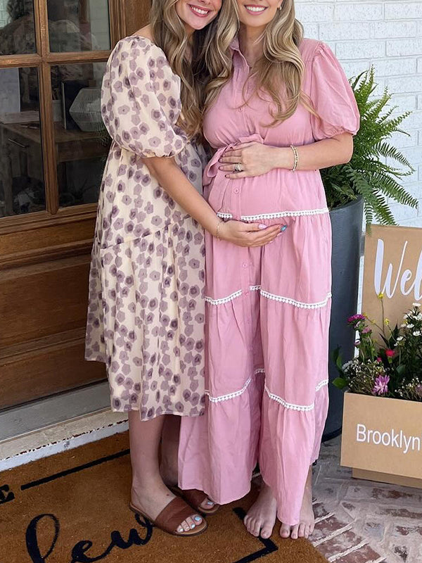 Mumsmode Zwangerchaps Maxi BabyShower Jurk Schattig Enkele Borst Riem Pofmouw Roze