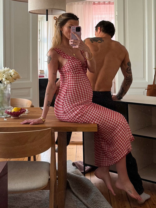 Mumsmode Zwangerschaps Maxi Bodyconjurk Plaid Ruches Koord Rood