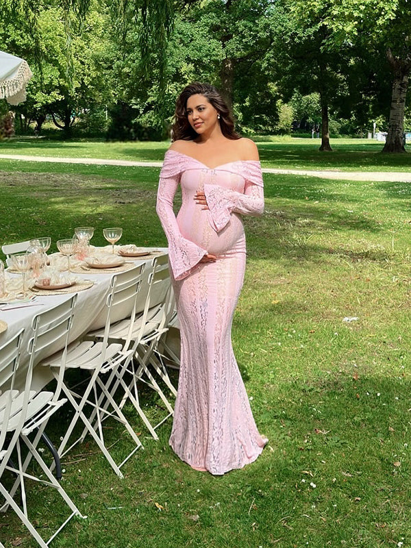 Mumsmode Zwangerschaps Maxi Babyshower Jurk Kanten Off Shoulder Zeemeermin Roze
