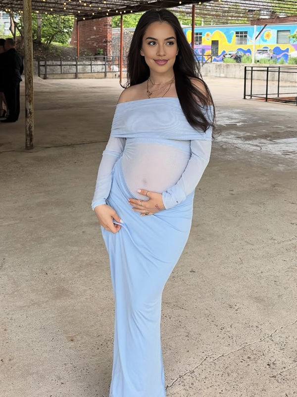 Mumsmode Zwangerchaps Midijurk Off Shoulder Perspektive Elegant Babyshower Lichtblauw