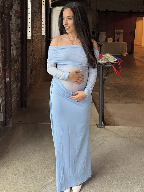 Mumsmode Zwangerchaps Midijurk Off Shoulder Perspektive Elegant Babyshower Lichtblauw
