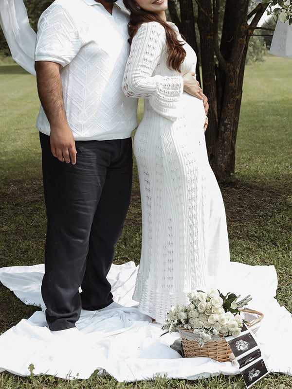 Mumsmode Zwangerschaps Maxi Fotoshoot Jurk Gebreide Enkele Borst Uithollen Ruches Chique