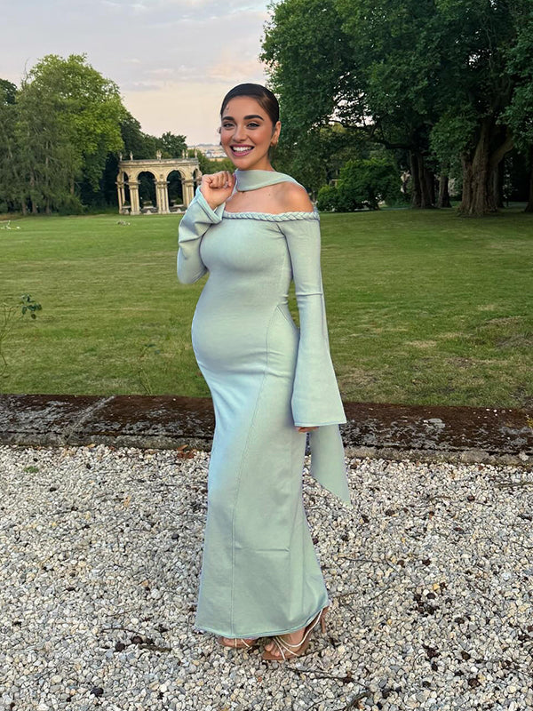Mumsmode Zwangerschaps Maxi Cocktailjurk Elegant Chique Off Shoulder Kabelbreiwerk Lintje Flare Mouw