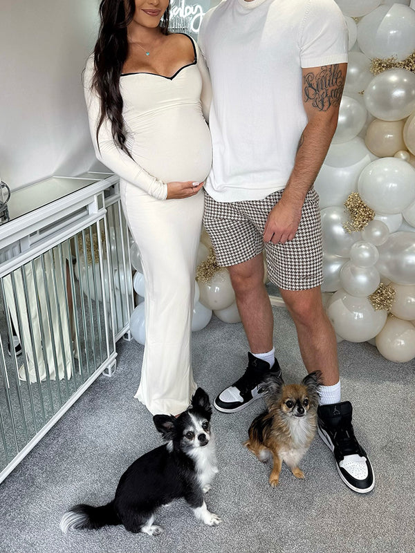 Mumsmode Zwangerschaps Maxi Babyshower Jurk Elegant Chique Contrasterende Kleuren Gestreept Bodycon
