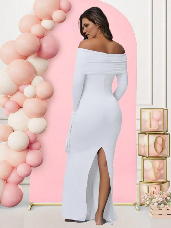 Mumsmode Zwangerschaps Maxi Babyshower Jurk Elegant Chique Off Shoulder Bodycon Zijsplit Gesplitste Mouwen